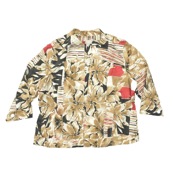 Chico's Women's Regular Size 3 Tan Black Red Floral Abstract Shirt Jacket - Picture 1 of 8